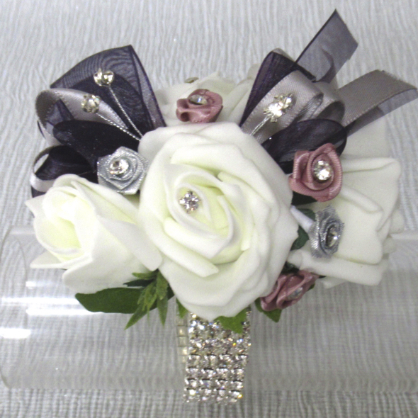 Aubergine, Silver & Dusky Pink Corsage